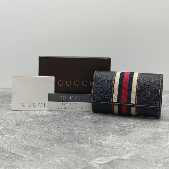 Gucci Unused Dark Blue Leather Sherry Line 6 Ring Key Holder With Box - Picture 1 of 14